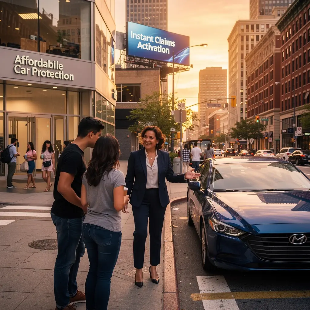 Современный автомобиль с ярким логотипом страховой компании.