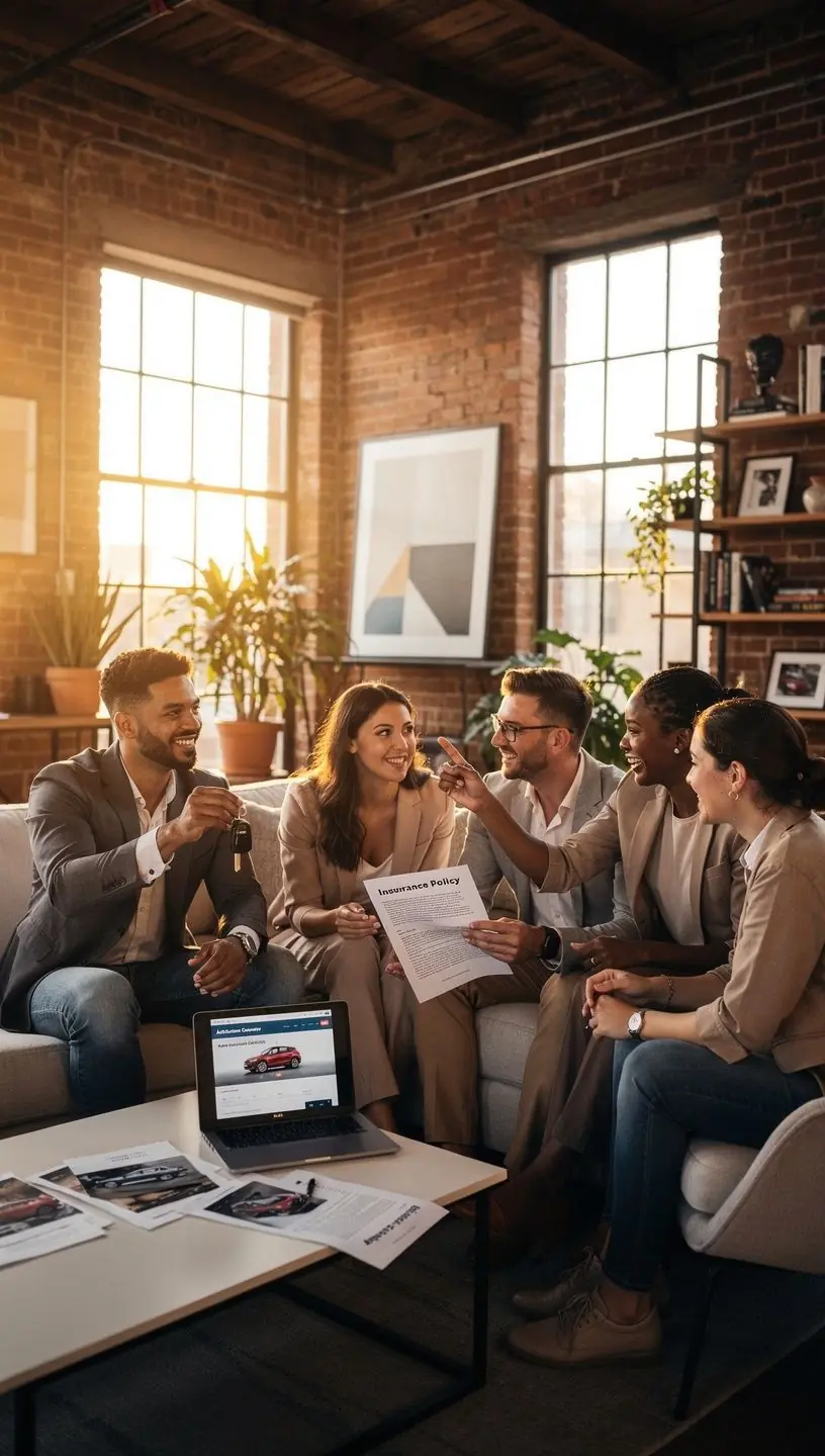 Счастливая семья, получающая страховку на свой автомобиль